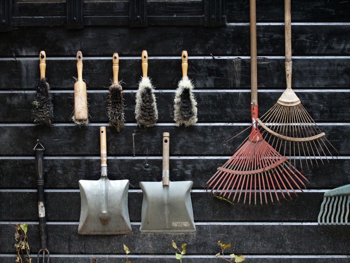 Neatly arranged garden tools hanging on a rustic wooden wall